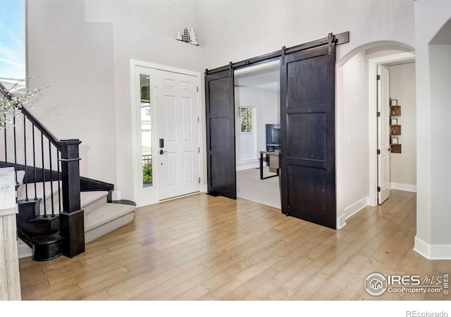 entrance foyer featuring plenty of natural light, a towering ceiling, and light hardwood / wood-style flooring