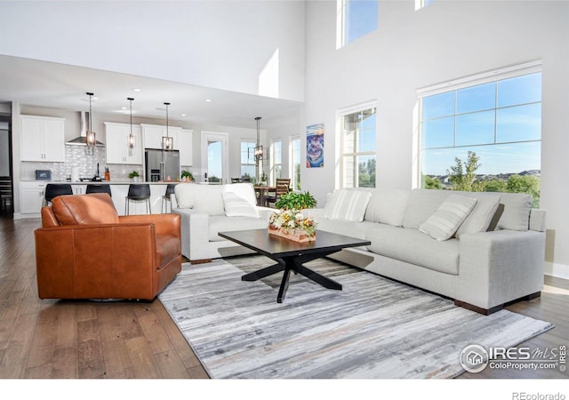 living room with a towering ceiling, light hardwood / wood-style flooring, and a wealth of natural light