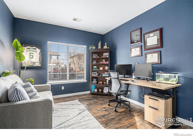 office area featuring dark wood-type flooring