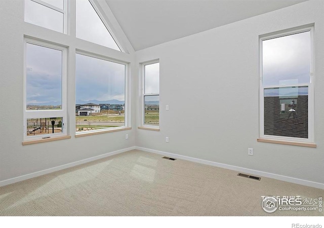 unfurnished room featuring carpet and lofted ceiling