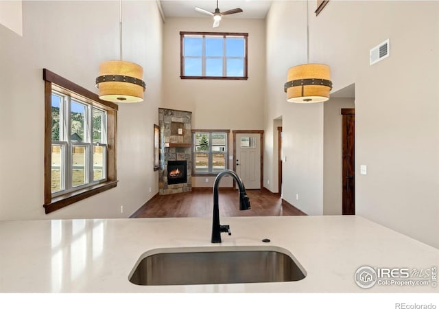 kitchen featuring a wealth of natural light, sink, a towering ceiling, and hardwood / wood-style flooring