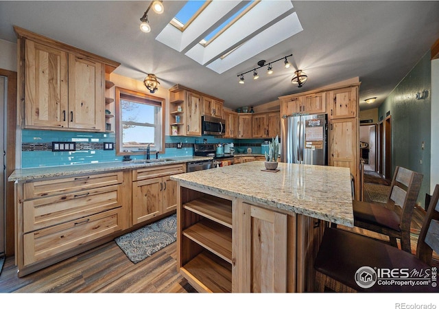 kitchen with backsplash, a skylight, stainless steel appliances, dark wood-type flooring, and sink