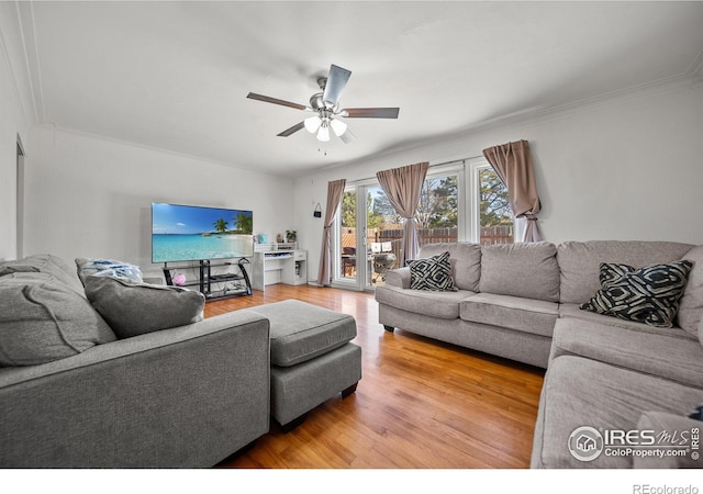 living room with hardwood / wood-style flooring, ceiling fan, and ornamental molding