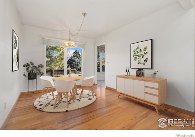 dining area with a chandelier and light hardwood / wood-style flooring