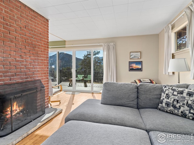 living room featuring light hardwood / wood-style flooring and a fireplace