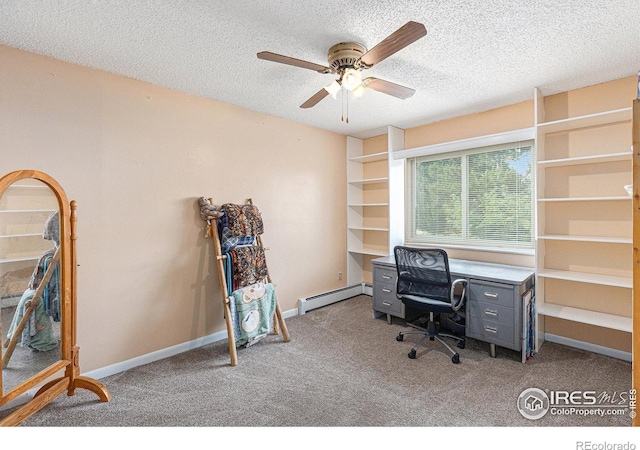 office space featuring carpet, baseboards, a textured ceiling, and baseboard heating