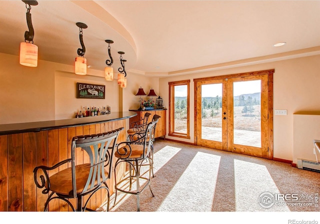 580 Saddle Notch Rd, Loveland, CO 80537 - indoor dry bar with french doors, carpet floors, a baseboard radiator, baseboards, and decorative light fixtures