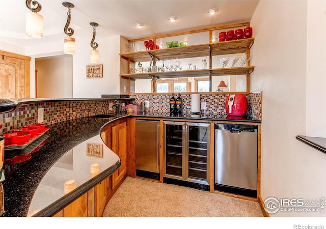580 Saddle Notch Rd, Loveland, CO 80537 - indoor wet bar with beverage cooler, fridge, decorative backsplash, and dishwasher