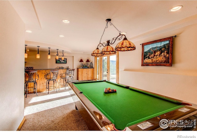 580 Saddle Notch Rd, Loveland, CO 80537 - game room featuring a dry bar, pool table, recessed lighting, and carpet flooring
