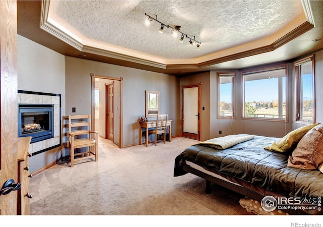 carpeted bedroom with a raised ceiling, multiple windows, and rail lighting