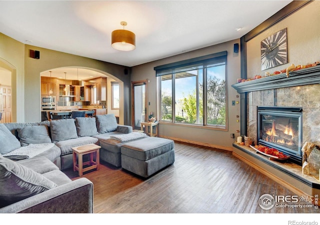 living room featuring a fireplace and hardwood / wood-style flooring