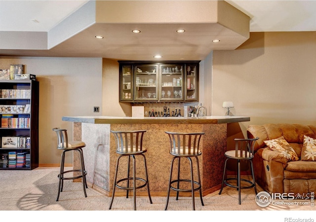 bar featuring light colored carpet