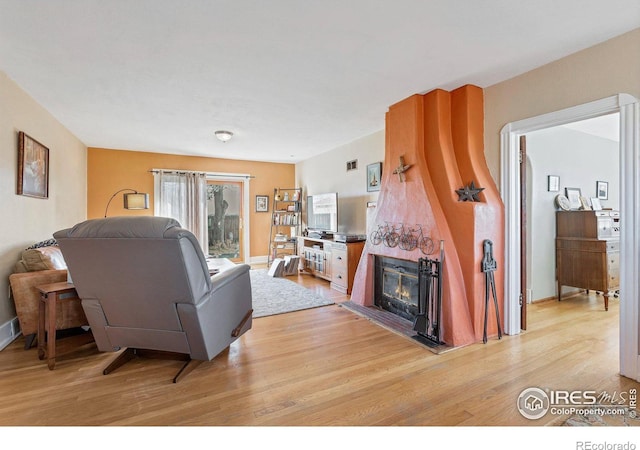 living room with light hardwood / wood-style floors and a fireplace