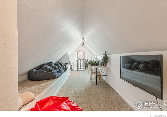 interior space featuring carpet and vaulted ceiling