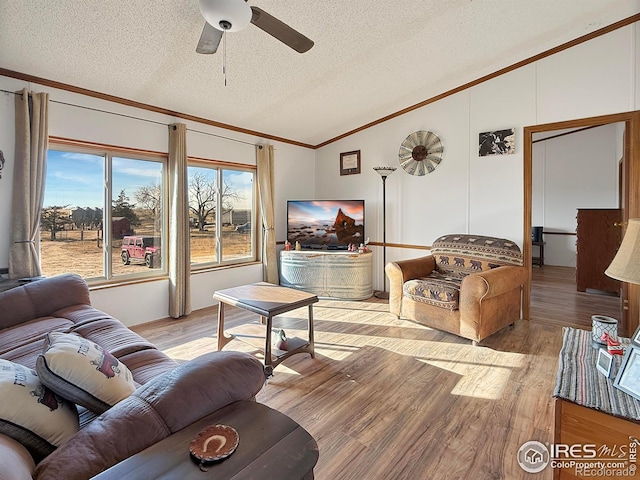 living room featuring ceiling fan, lofted ceiling, a textured ceiling, and light hardwood / wood-style flooring