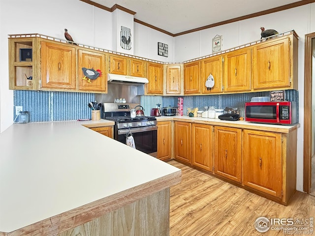 kitchen with kitchen peninsula, crown molding, light hardwood / wood-style floors, and appliances with stainless steel finishes