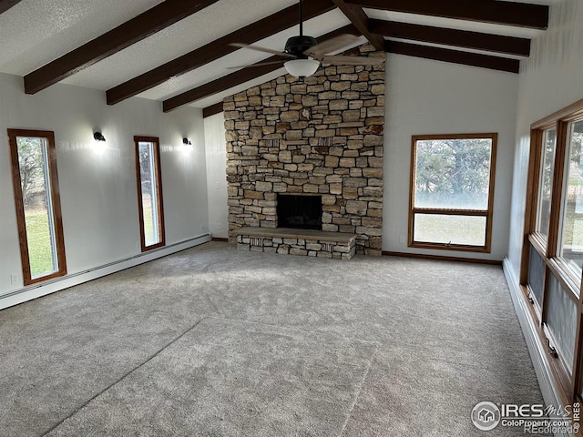 unfurnished living room with carpet, beam ceiling, a fireplace, a baseboard heating unit, and high vaulted ceiling