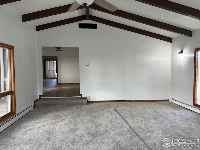 spare room with lofted ceiling with beams, a baseboard radiator, baseboards, and carpet flooring