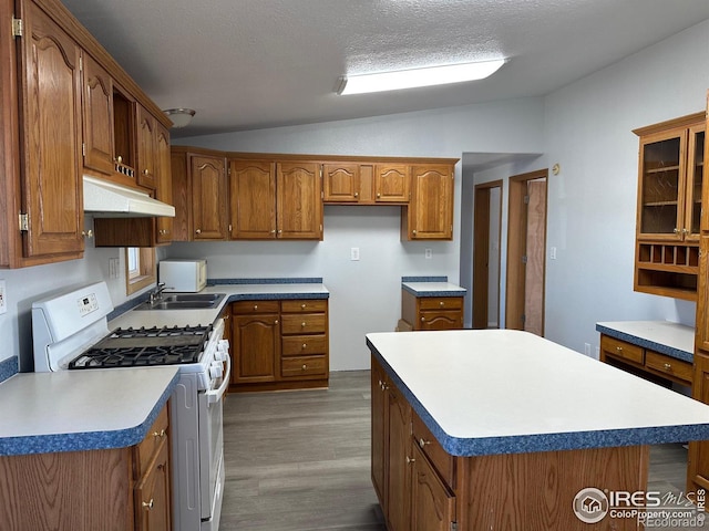 kitchen with under cabinet range hood, vaulted ceiling, brown cabinetry, and gas range gas stove