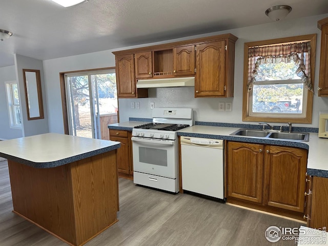 kitchen with white appliances, brown cabinets, light wood-type flooring, under cabinet range hood, and a sink