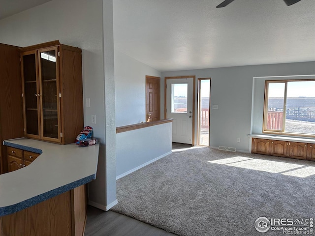 interior space featuring carpet floors, a healthy amount of sunlight, vaulted ceiling, and visible vents