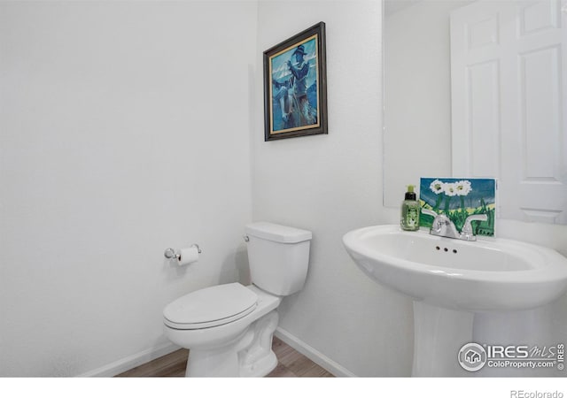 bathroom with hardwood / wood-style flooring and toilet