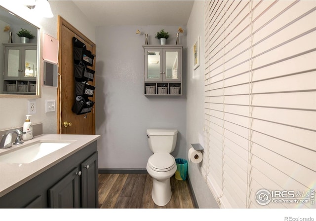 bathroom with vanity, toilet, and wood-type flooring