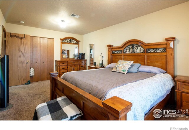 bedroom featuring carpet flooring, a closet, and a textured ceiling