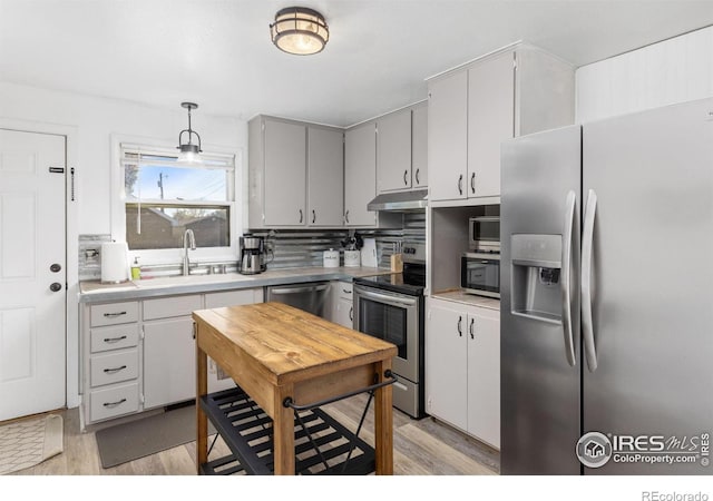 kitchen with sink, decorative backsplash, light wood-type flooring, decorative light fixtures, and stainless steel appliances