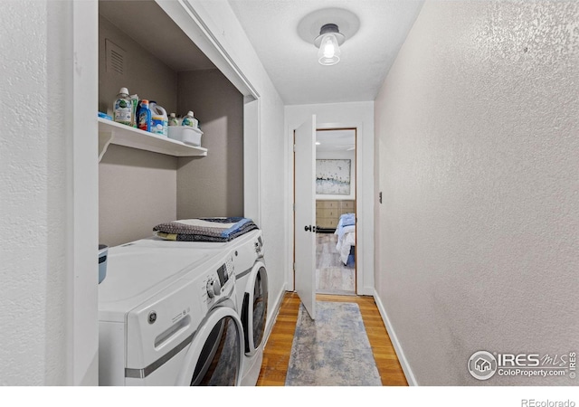 laundry area featuring washing machine and clothes dryer and light hardwood / wood-style flooring