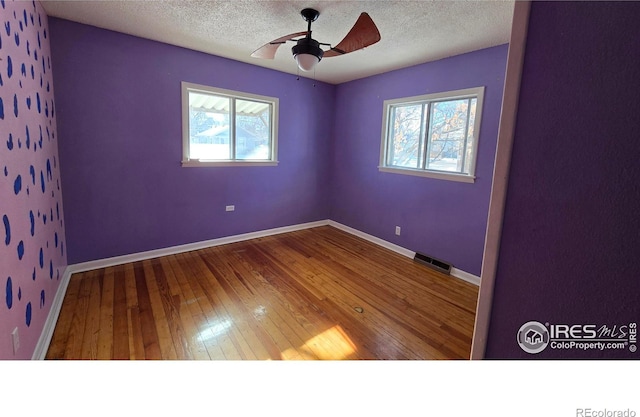 spare room featuring a textured ceiling, plenty of natural light, and wood-type flooring