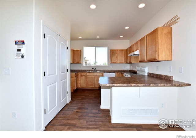 kitchen featuring sink, a kitchen breakfast bar, dark hardwood / wood-style flooring, kitchen peninsula, and white appliances