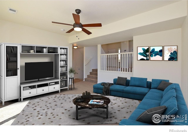 living area with visible vents, a ceiling fan, lofted ceiling, carpet, and stairs