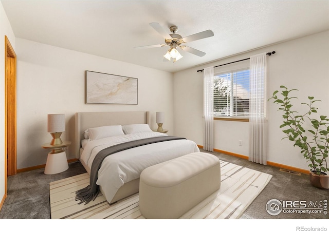 bedroom with carpet flooring and ceiling fan