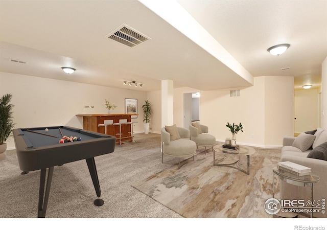 playroom featuring carpet, pool table, and indoor bar