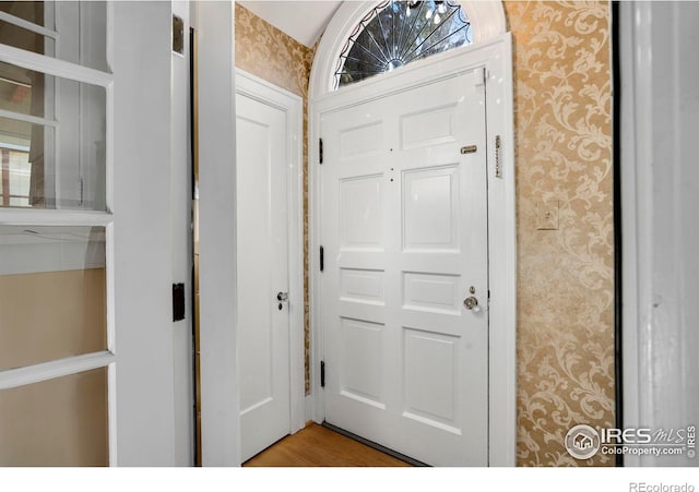 entryway with a wealth of natural light and hardwood / wood-style flooring