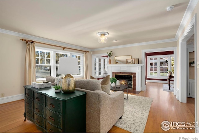 living room with a fireplace, light hardwood / wood-style flooring, and ornamental molding