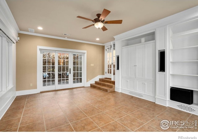 unfurnished living room with ceiling fan, light tile patterned flooring, crown molding, and french doors