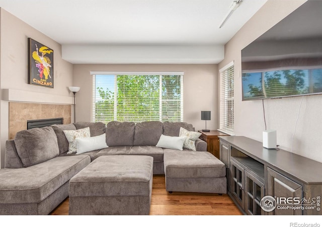 living room with a tile fireplace and light wood-type flooring