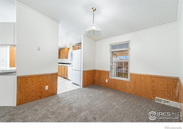 spare room with light carpet, a textured ceiling, and wooden walls