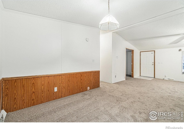 unfurnished room featuring light carpet, wooden walls, and a textured ceiling