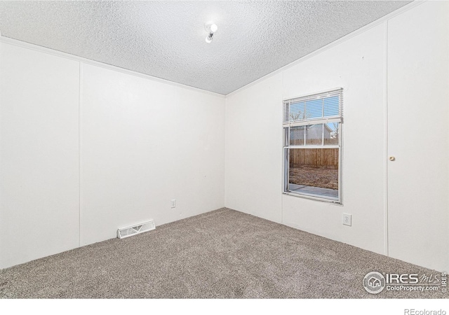 carpeted spare room with lofted ceiling and a textured ceiling