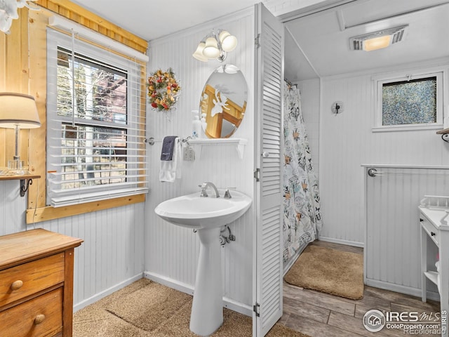 bathroom featuring a shower with curtain, sink, and a healthy amount of sunlight