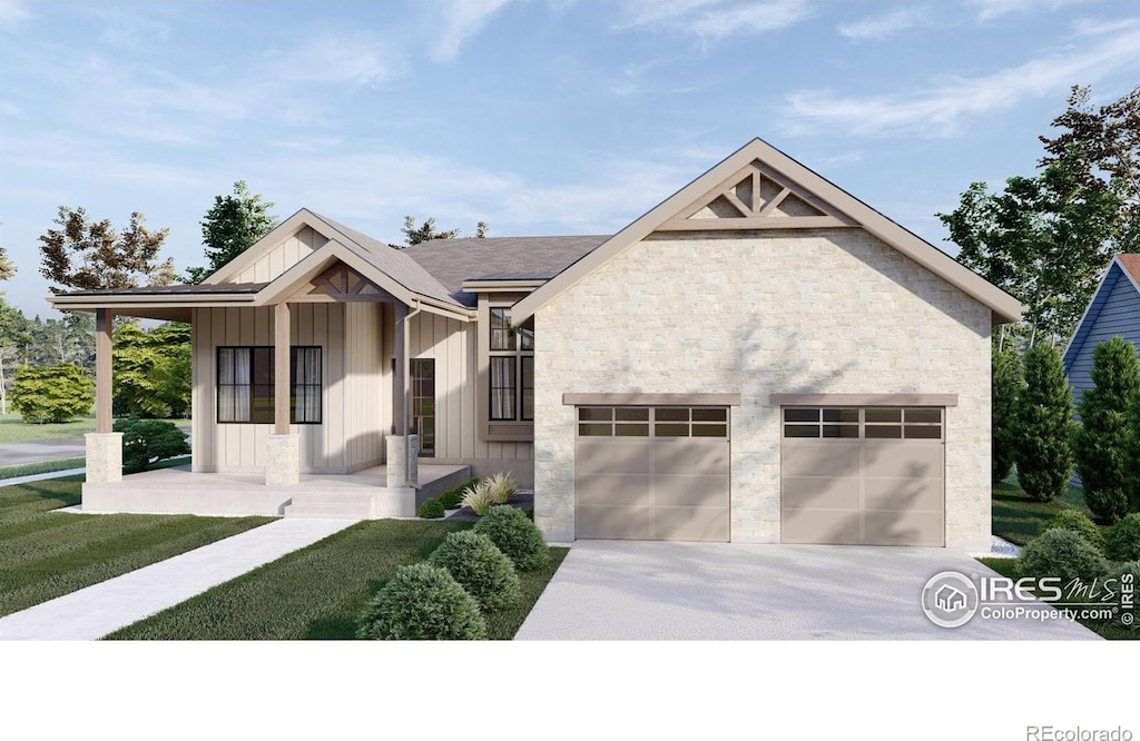 view of front of house featuring board and batten siding, concrete driveway, stone siding, and an attached garage