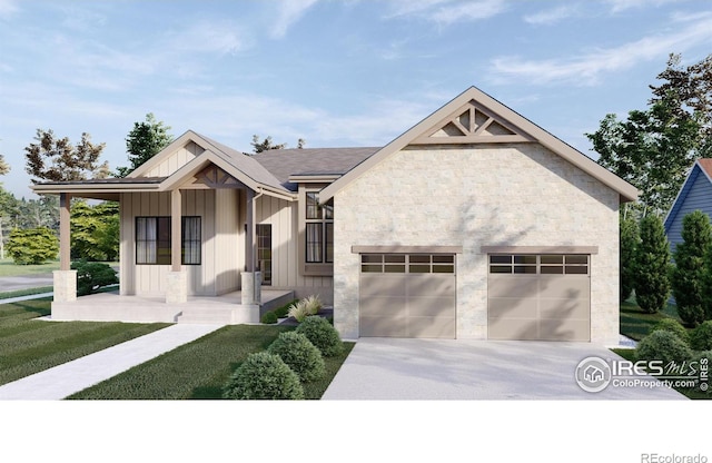 view of front of house featuring board and batten siding, concrete driveway, stone siding, and an attached garage