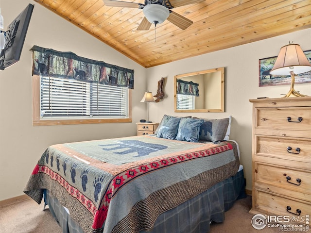 carpeted bedroom featuring ceiling fan, wooden ceiling, and lofted ceiling