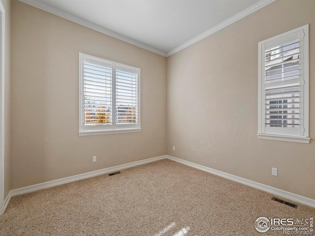 carpeted empty room featuring ornamental molding