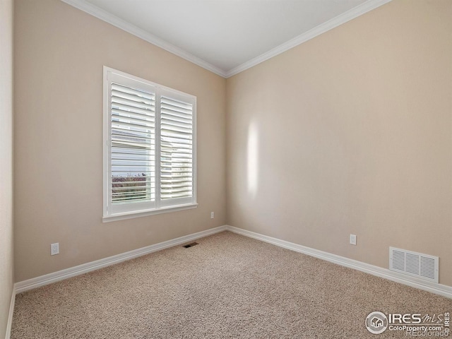 carpeted spare room featuring crown molding