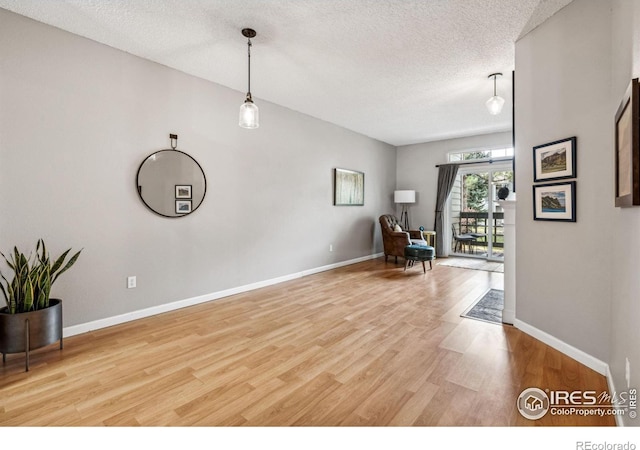 living area featuring a textured ceiling and hardwood / wood-style flooring