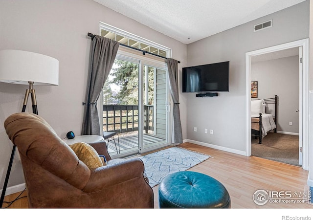 living room featuring hardwood / wood-style floors and a textured ceiling